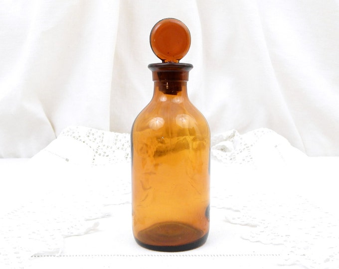 Antique French Amber Glass Medicine Apothecary Bottle with Glass Stopper, French Country Decor, Retro Parisian Chemist Pharmacy Decor France