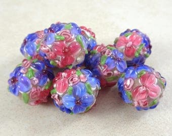 Lampwork Beads - Fuchsia Floral Delight - Fuchsia & Lavender Floral Lamp work - approx. 12mm - Qty. 2