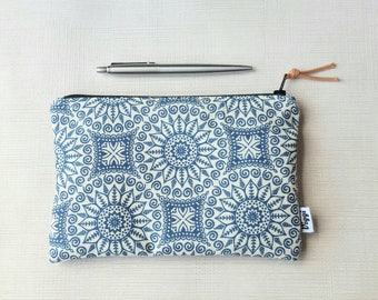 Minimalist Pencil Case, Womens & Mens Zipper Pouch, Blue Boho Mandala Fabric, Pen Bag, Useful Gift for Him and Her