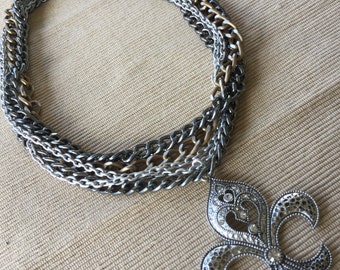 Fleur de Lis Necklace, Mixed Metal Necklace, Multi Chain Necklace, Fleur de Lis Jewelry, Mixed Metal Jewelry, Mothers Day, Edgy, Statement