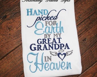 Hand Picked for Earth By My Great Grandpa in Heaven, Embroidered Shirt, Angel Wings, Guardian Angel Shirt, Miracle Baby, Baby Announcement