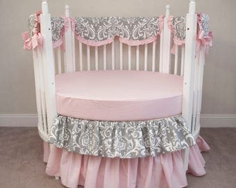 Gray Damask Light Pink Baby Girl Round Crib Cot Bedding