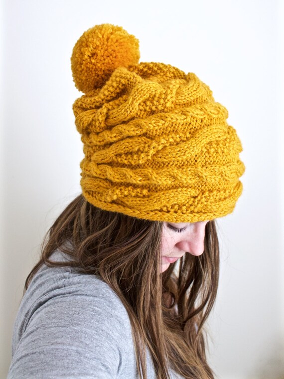 pom pom beanie knit cable Cable Beanie Slouchy  Hat Hat   Chunky  Gold Pom Knit Textured