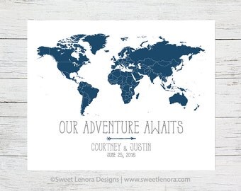 Push Pin Our Adventure Awaits World Map | Cork Foam Travel | 16x20 | 18x24 Personalized | Custom | Wedding Anniversary Valentine Gift