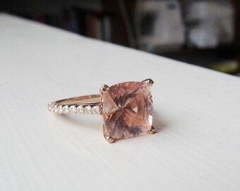 Morganite bague moissanite or rose sur 4 ct éco mariage éthique déclaration 11 x 11 mm Pierre de naissance mars