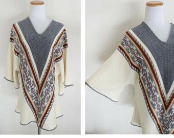 70s Poncho Sweater Aztec Shawl Cape 1970s Hippie Boho Tunic Oversized Tribal Top Small Medium Large Bell Sleeves