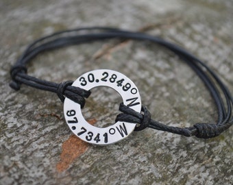 Latitude Longitude Bracelet, Coordinate Bracelet, Washer Bracelet, GPS, Anniversary gifts for men, Long Distance Gift, 10th Year Anniversary