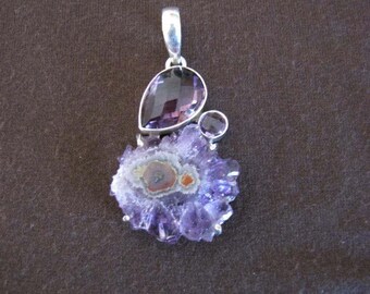 Sterling Silver Amethyst Drusy Stalactite and Amethyst Gemstone Pendant