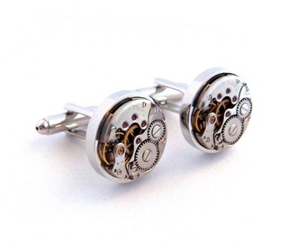 Cufflinks: Steampunk Watch Cufflinks, Vintage Clockwork Watch Movement Cuff Links. Wedding Cufflinks.