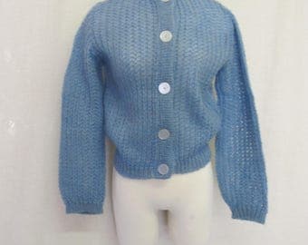 1960 Mohair Cardigan Sweater Cropped Mohair Sweater Blue Sweater Bulky Knit Cardigan