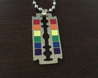 rainbow necklace, pride necklace, pride, rainbow, rainbow jewelry, pride jewelry, rainbow pendant, pride pendant, razor blade, lgbt pride