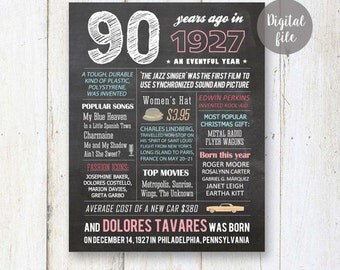 90th birthday gift for grandparents - Chalkboard wall art - Custom 90th Birthday Gift for grandma - Fun Facts 1927 - DIGITAL file!