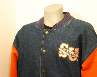 90s Syracuse University denim jacket heavy snap up Front Row orange blue coat sports college embroidered basketball football lacrosse