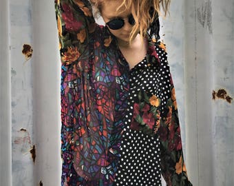 Vintage 90's multicolored sheer long sleeved button down shirt...