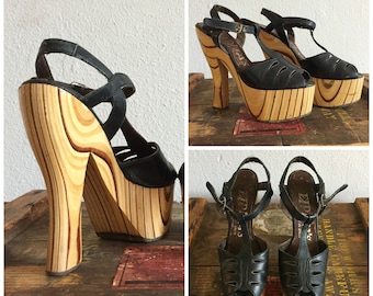 Vintage ElDita's Wooden Peep Toe Platform High Heels