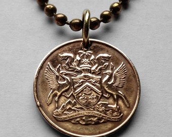 1966 to 1972 Trinidad & Tobago 1 cent coin pendant Trinidadian Tobagonian Trini Scarlet Ibis bird Port of Spain caribbean necklace n000398