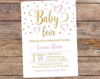 Pink and Gold Baby Shower Invitations. Baby Love Shower, Pink and Gold Confetti Invite. Baby Girl Shower. Digital file.