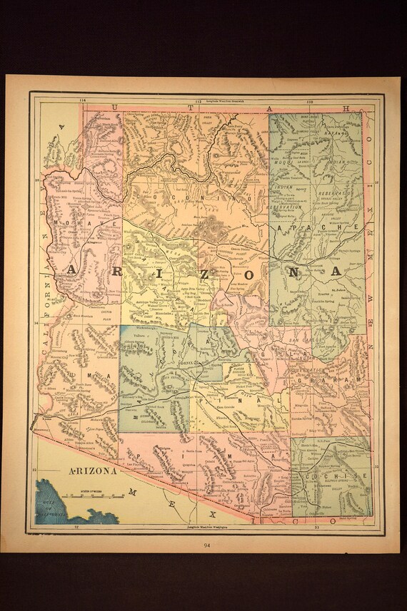 Arizona Map Arizona Antique Late 1800s Original 1890