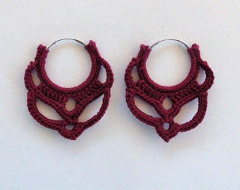 Silver Plated Red Crochet Hoop Earrings 25mm