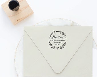 Return Address Stamp, Wreath Stamp, Circle Address Stamp, Round Address Stamp, Custom Stamp, Personalized Stamp, Self Inking Stamp