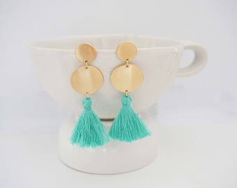 Mint Green Tassel and Gold Circle Post Earrings