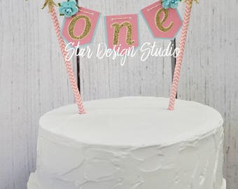 Dream Catcher Cake topper "One" Boho Cake Topper Birthday bunting - Pink, light Blue and Gold Any age and name available