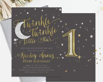 Twinkle Twinkle Little Star Birthday Invitation: 1st, 2nd Any Age! Boy Or Girl. Dark Grey, Gold & Silver Shimmer - First Party Invite