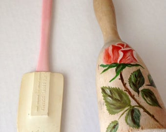 Vintage Kitchen UTENSILS - PINK HANDLE Scraper and Wooden Masher