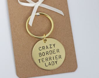 Crazy Border Terrier Lady Hand stamped Keyring, Personalised with dogs name(s)
