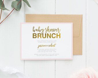 Baby Shower Brunch Invitation | Modern Baby Shower Invite | Faux Gold Baby Shower | Brunch Shower Invite | Baby and Brunch | Pink Invitation