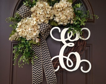 Spring Wreaths for Front Door - Year Round Door Wreath - Everyday Hydrangea Wreath - Grapevine Wreath with Monogram - Spring Door Decor