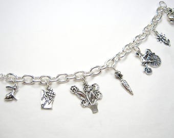 happy EASTER Charm Bracelet, 925 Silver 3D Jewelry, Bunny Rabbit & Carrot, Chocolate Candy Bar, Flowers, Spring Garden Gift, 3 Petunia Place