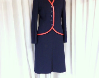 1960s suit/ 60s Jean Louis Scherrer boutique Blue wool suit/ couture dress designer suit 1970s 70s