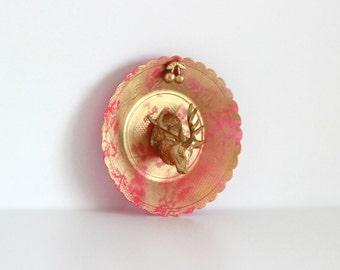 Faux Taxidermy Deer Wall Plate, Red and Gold Faux Deer Head, Wall Mount, Plates on Wall, Collectible Display, Assemblage Art, Collectors Art