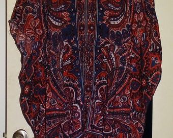 Vintage Angie India Rayon Butterfly Sleeve Caftan Tunic Blouse Top Dark Red Blue White Paisley Psychedelic Floral Hippie Ethnic SM