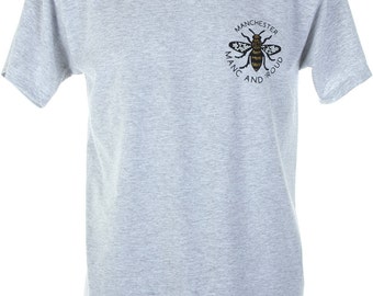 Grey Manc and Proud Manchester Bee Gold Vinyl T-Shirt (TSHIRT1) Produced in UK Hacienda Northern