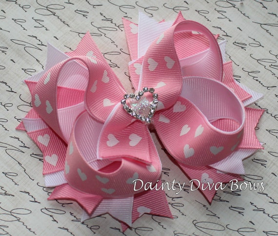 Items similar to Boutique Hair Bow, Valentines Bow, Pink White Bow ...