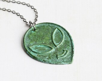 Green Alien Necklace, Aged Patina Pendant on Gunmetal Black Chain, Martian Necklace, Outer Space, Alien Jewelry
