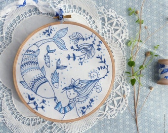 Blue wall art, Sea blue, Hand embroidery - Ocean Princess Embroidery kit - Blue white, Christmas gift, Embroidery hoop art, Christmas craft