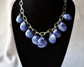 Bright Blue Dangling Shells on Celluloid Chain Necklace