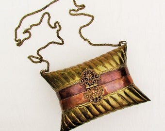 Vintage brass and copper pillow purse made in India, c.1970's brass shoulder bag