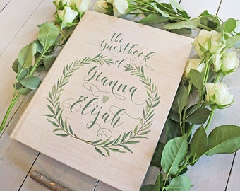 Rustic Wreath Guest Book - Botanical Greenery Wedding Guestbook - Custom Laurel Wedding Guest Book - Green Leaves - Keepsake - 8 x 10