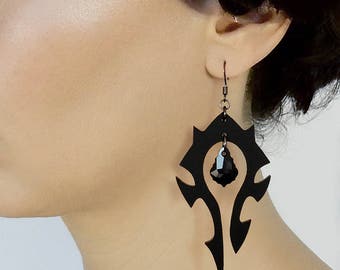 World of Warcraft earrings, Large Horde earrings, Black earrings, WoW earrings, Gamer jewelry, World of Warcraft jewelry, Swarovski crystal