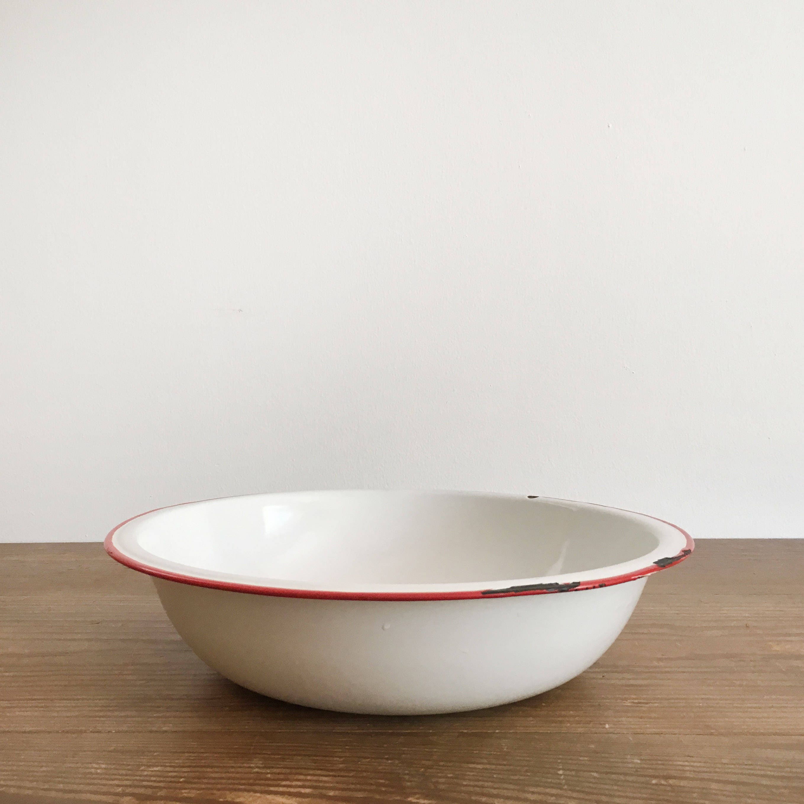 Vintage White Enamel Bowl with Red Rim Large Enamelware Bowl