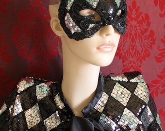Harlequin Kitty - Silver and Black Diamond Sequin Leather Kitty Cat Mask With Glitter Lace Detail.- Ready to ship