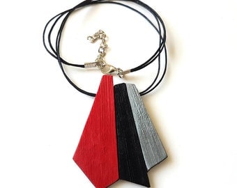 Red necklace geometric, Red and black necklace, Red statement necklace, Red pendant necklace, Black necklace, Gift for women, Silver and red