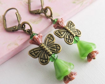 Green butterfly earrings, dangle earrings, whimsical jewelry, colorful earrings, gift for her, nature inspired jewelry