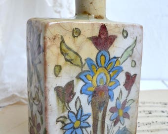 Antique Persian Floral Polychrome Bottle & Stopper Rustic Ceramic Tea Flask Primitive Middle Eastern Qadjar 18 Century