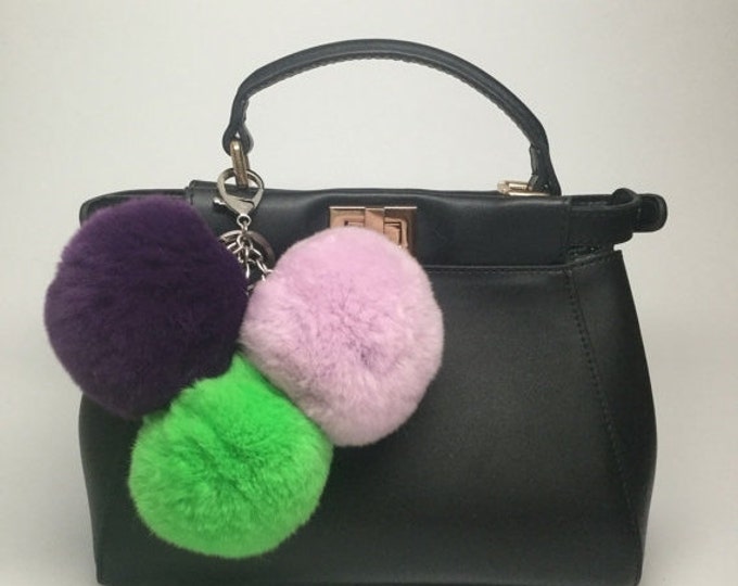 Trio rabbit fur pom pom corsage Bag Charm Totem keychain Deep Purple Light Purple Green