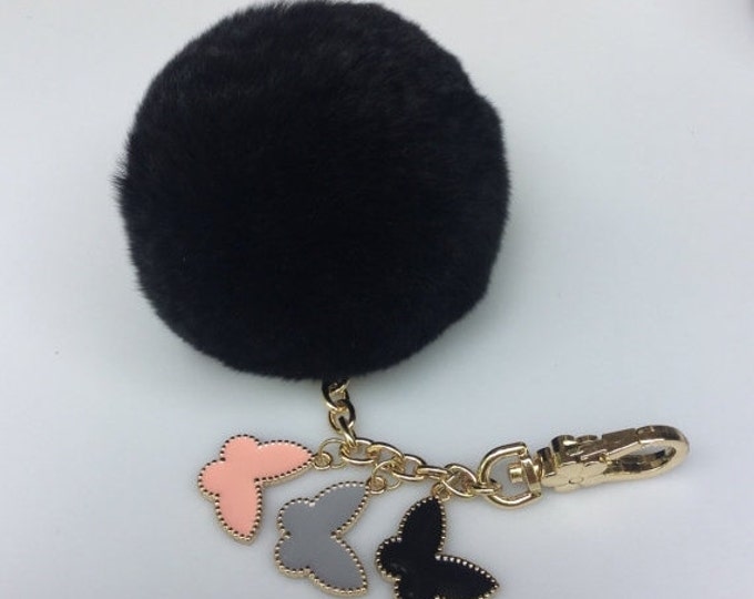 Black Rex Rabbit Fur Pompon bag charm pendant Fur Pom Pom keychain with 3 butterfly charms